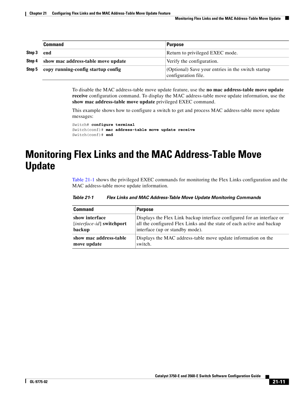 Cisco Systems 3750E manual Monitoring Flex Links and the MAC Address-Table Move Update, 21-11 