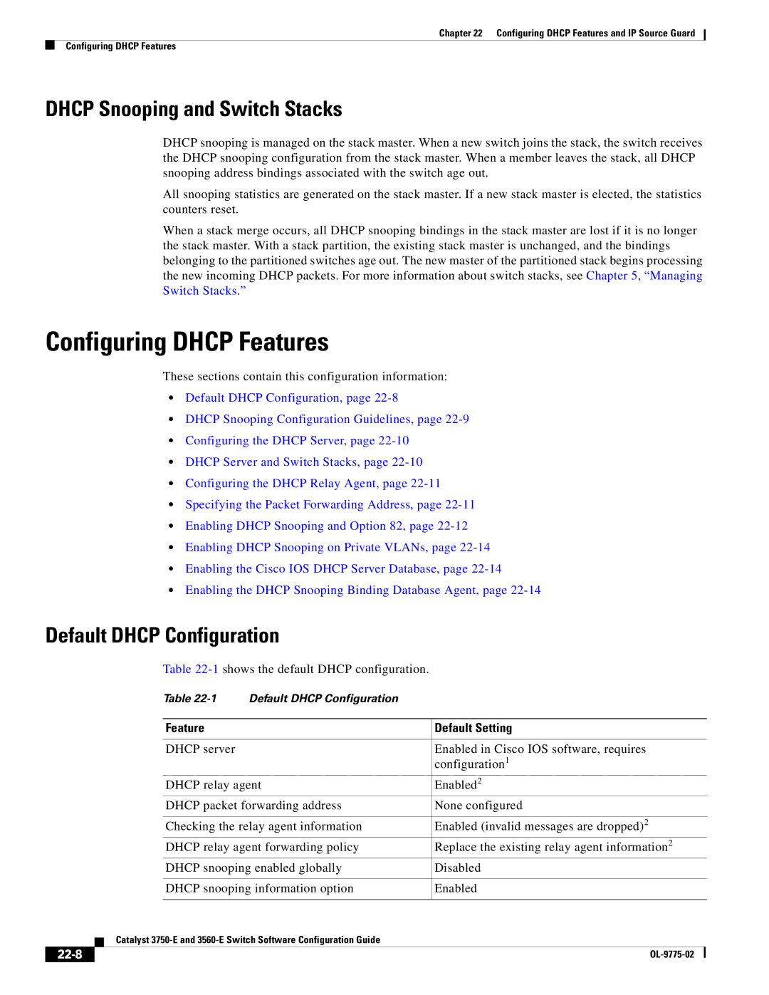 Cisco Systems 3750E manual Configuring Dhcp Features, Dhcp Snooping and Switch Stacks, Default Dhcp Configuration, 22-8 