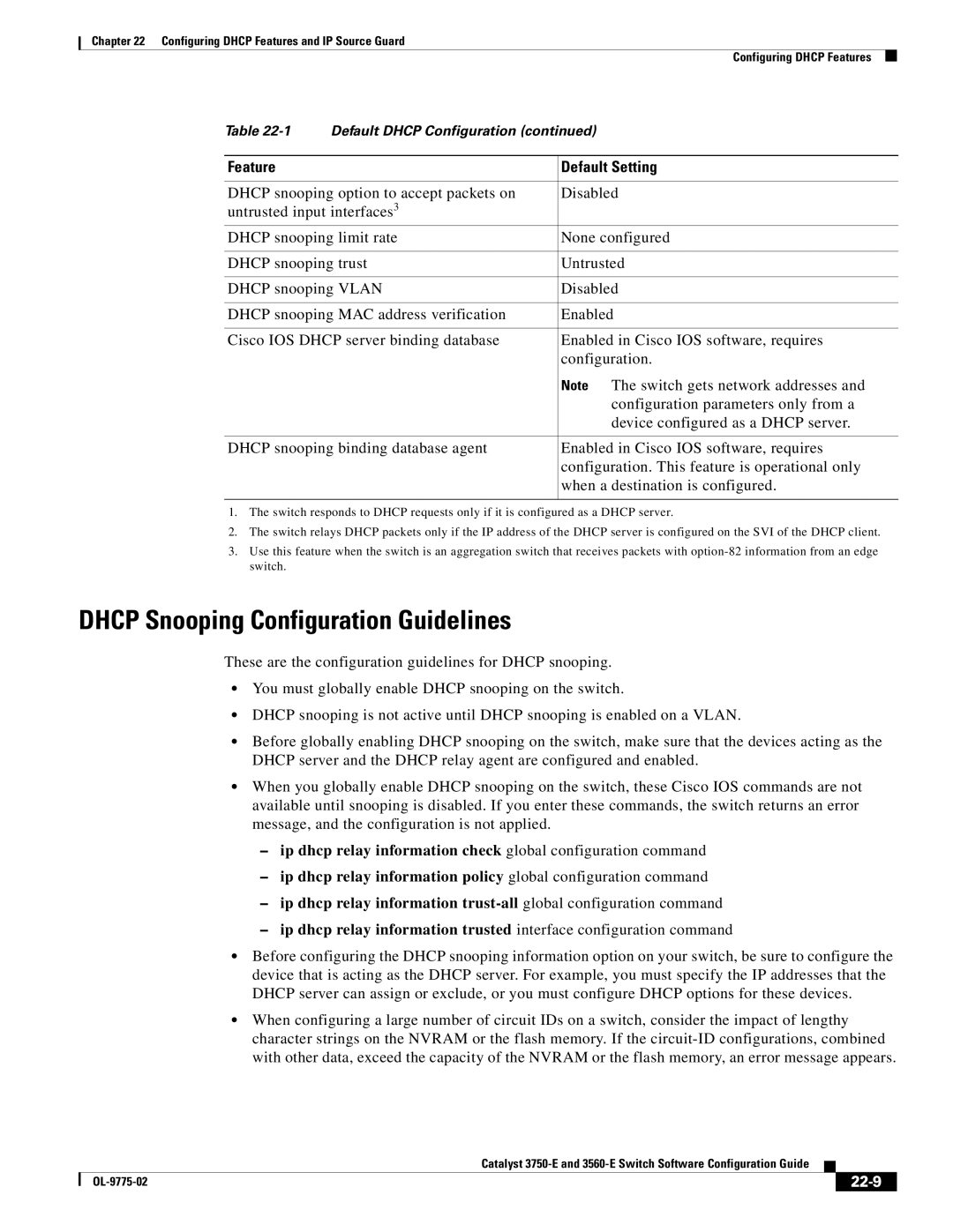 Cisco Systems 3750E manual Dhcp Snooping Configuration Guidelines, 22-9 