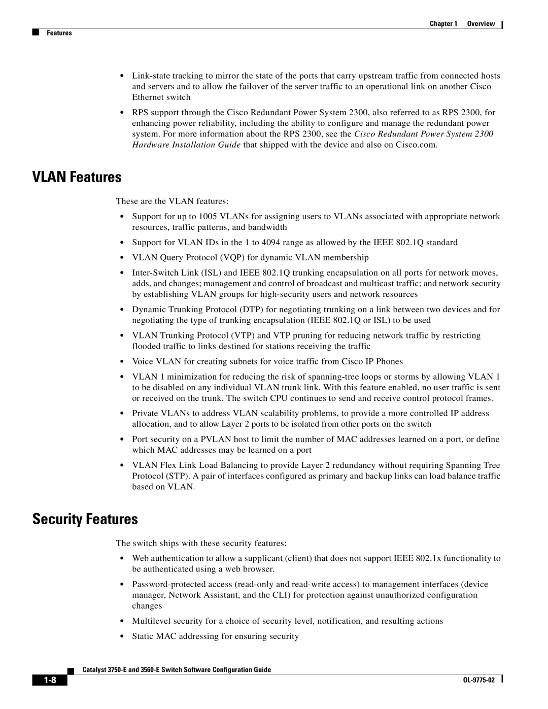 Cisco Systems 3750E manual Vlan Features, Security Features 