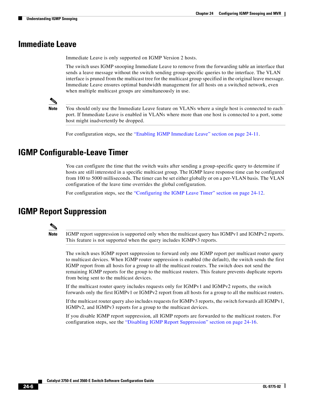 Cisco Systems 3750E manual Immediate Leave, Igmp Configurable-Leave Timer, Igmp Report Suppression, 24-6 