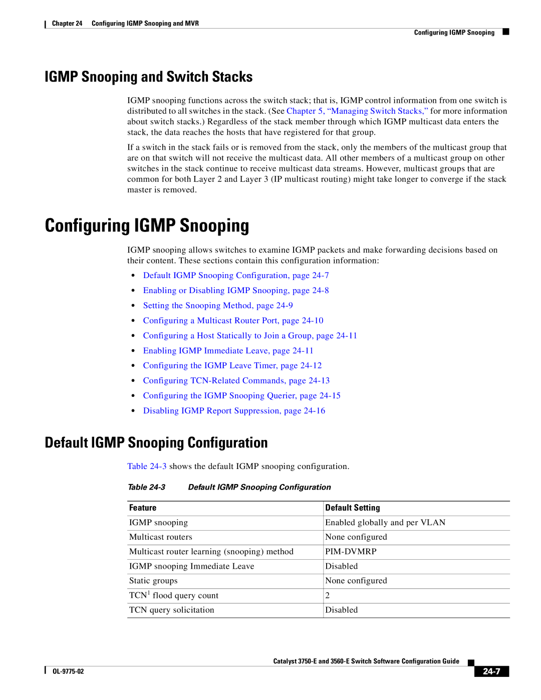 Cisco Systems 3750E Configuring Igmp Snooping, Igmp Snooping and Switch Stacks, Default Igmp Snooping Configuration, 24-7 