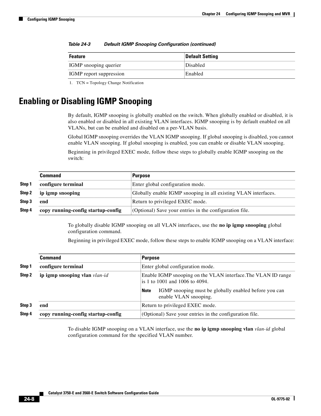 Cisco Systems 3750E manual Enabling or Disabling Igmp Snooping, Ip igmp snooping vlan vlan-id, 24-8 