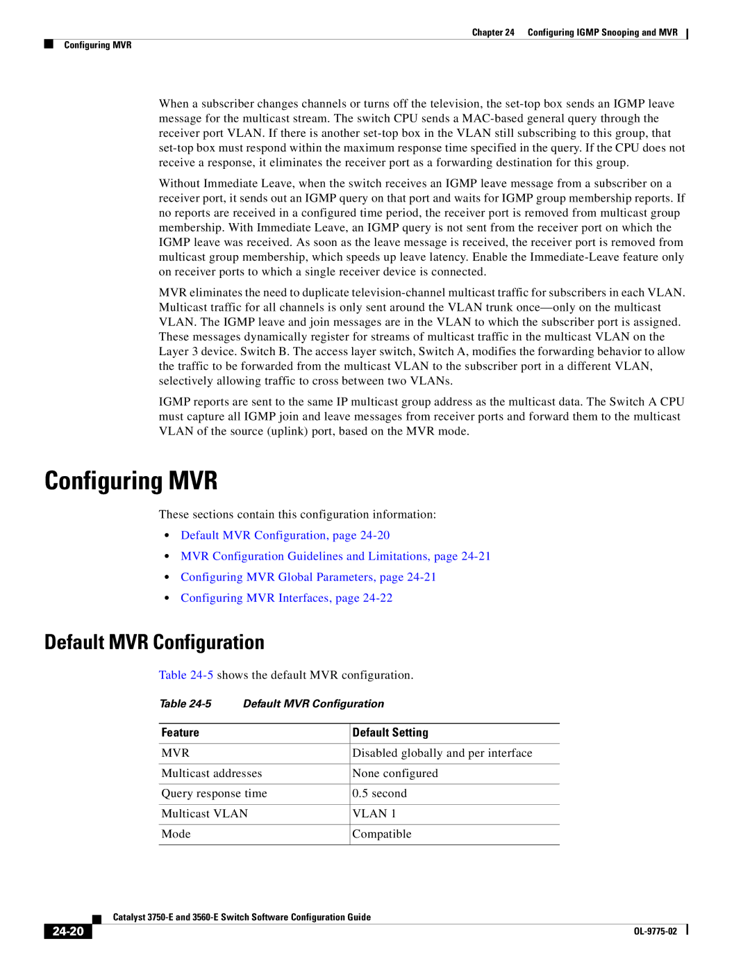 Cisco Systems 3750E manual Configuring MVR, Default MVR Configuration, Mvr, 24-20 