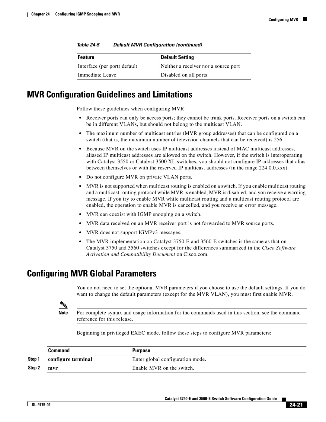 Cisco Systems 3750E manual MVR Configuration Guidelines and Limitations, Configuring MVR Global Parameters, 24-21 