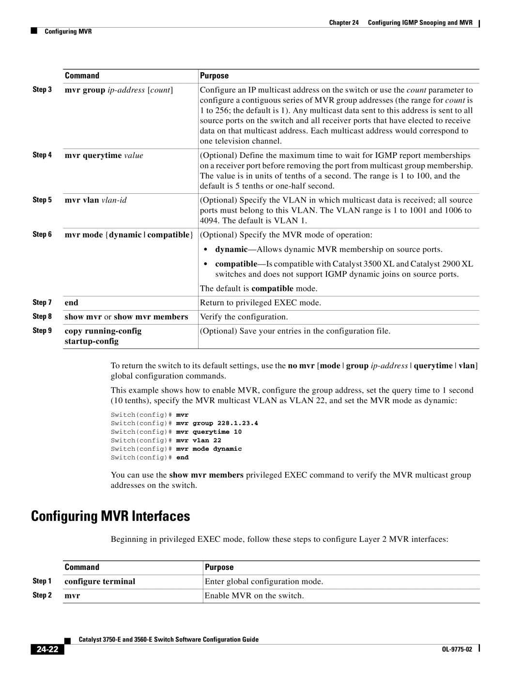 Cisco Systems 3750E manual Configuring MVR Interfaces, 24-22 