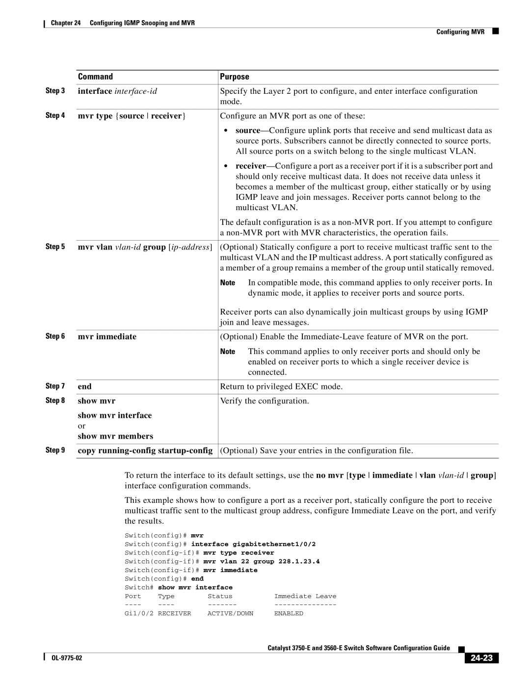 Cisco Systems 3750E manual Mvr type source receiver, Mvr immediate, Show mvr interface Show mvr members, 24-23 