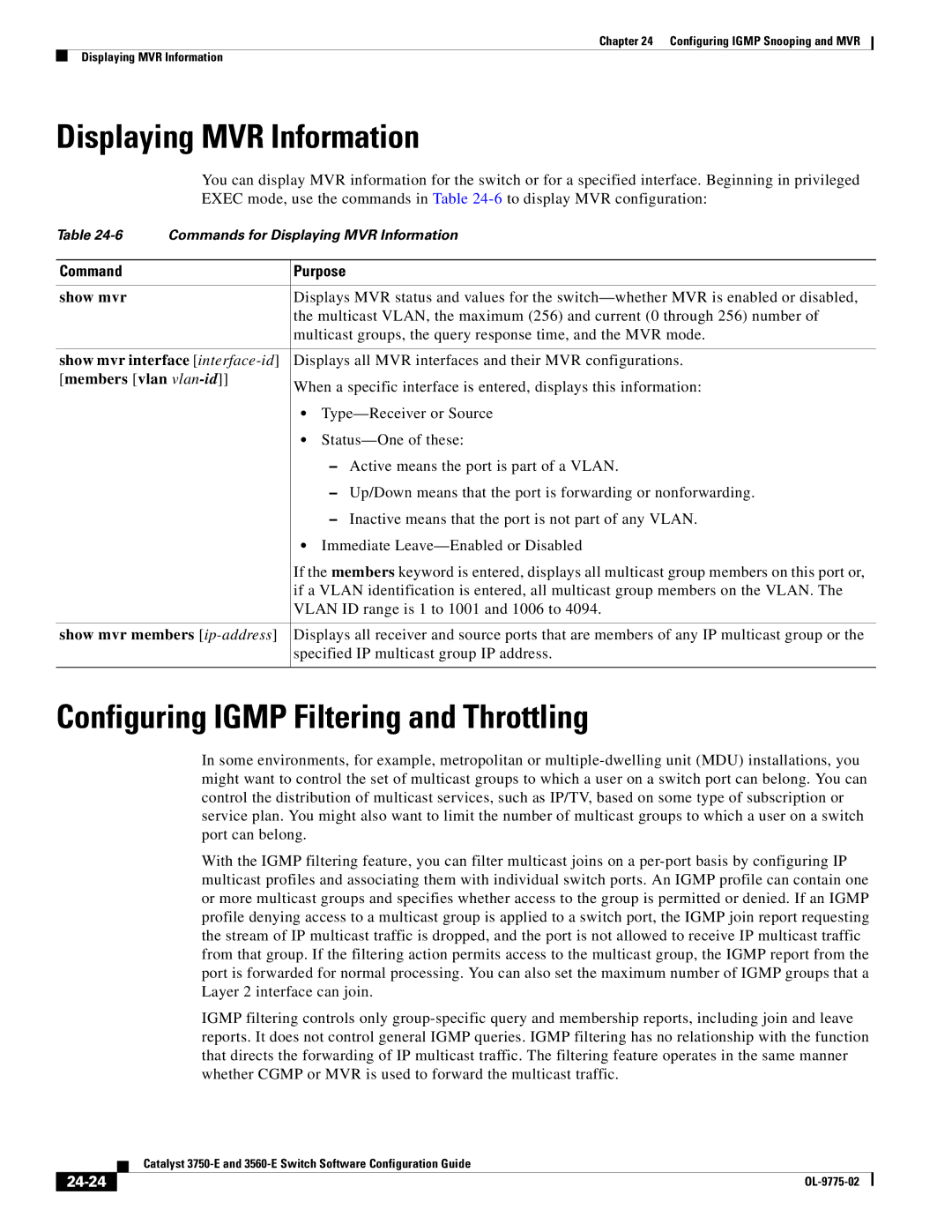 Cisco Systems 3750E manual Displaying MVR Information, Configuring Igmp Filtering and Throttling, 24-24 