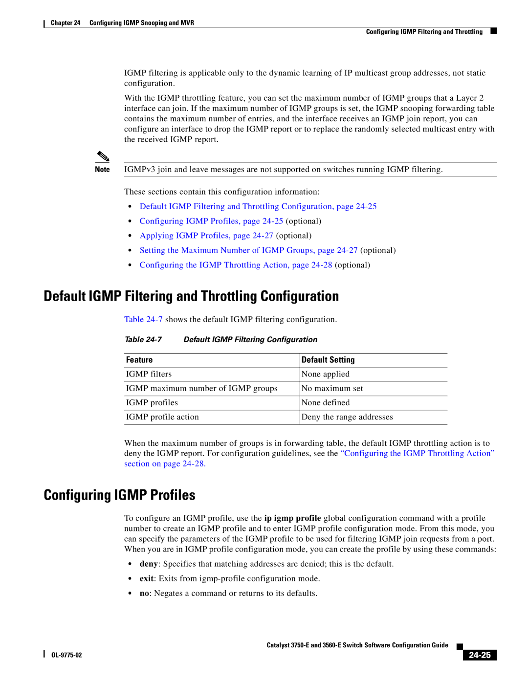 Cisco Systems 3750E manual Default Igmp Filtering and Throttling Configuration, Configuring Igmp Profiles, 24-25 