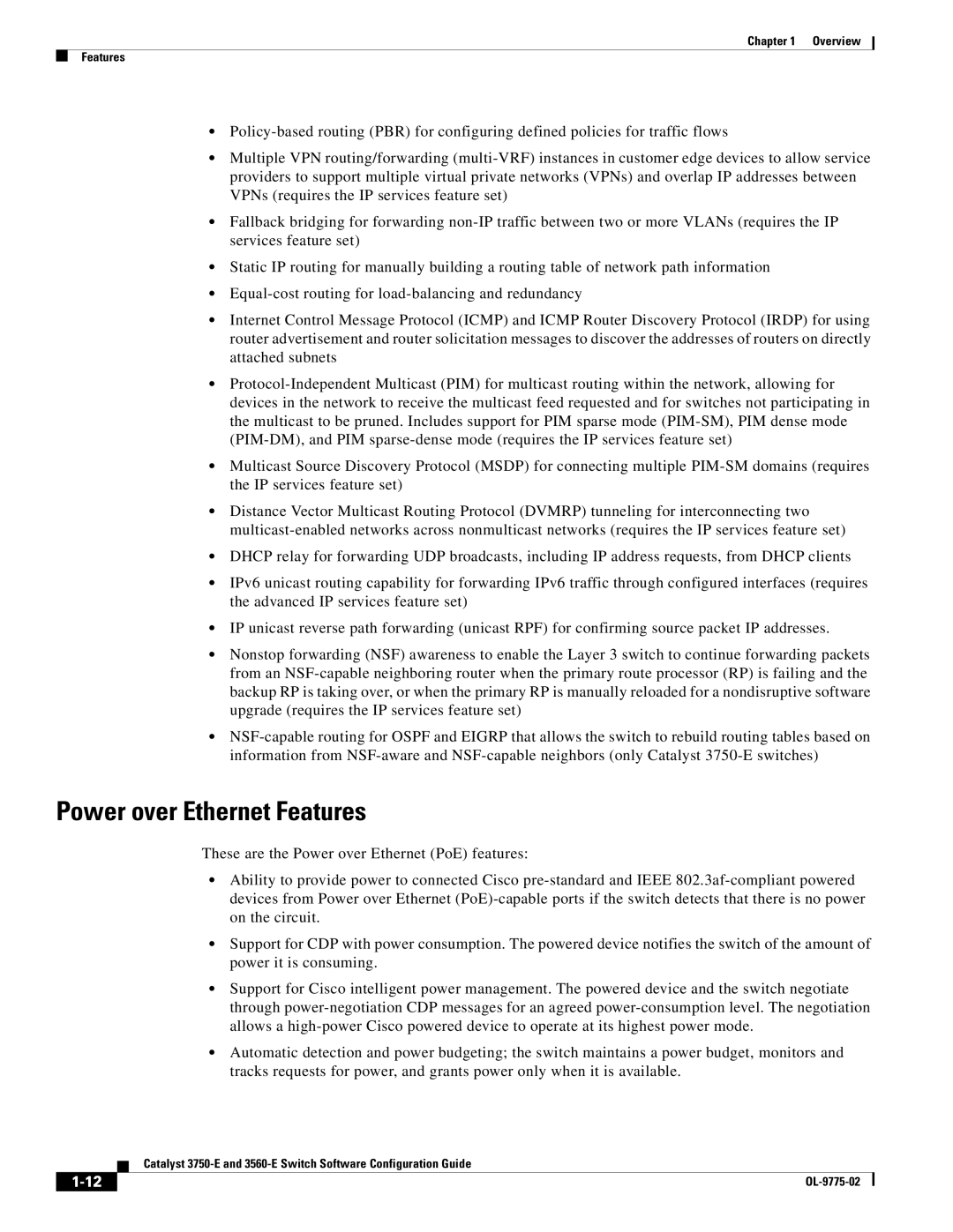 Cisco Systems 3750E manual Power over Ethernet Features 