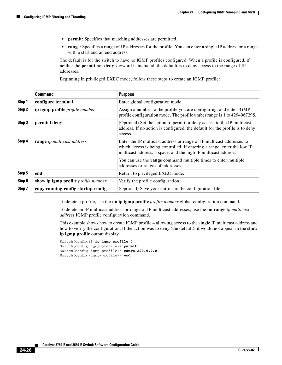 Cisco Systems 3750E manual Ip igmp profile profile number, Permit deny, Range ip multicast address, 24-26 