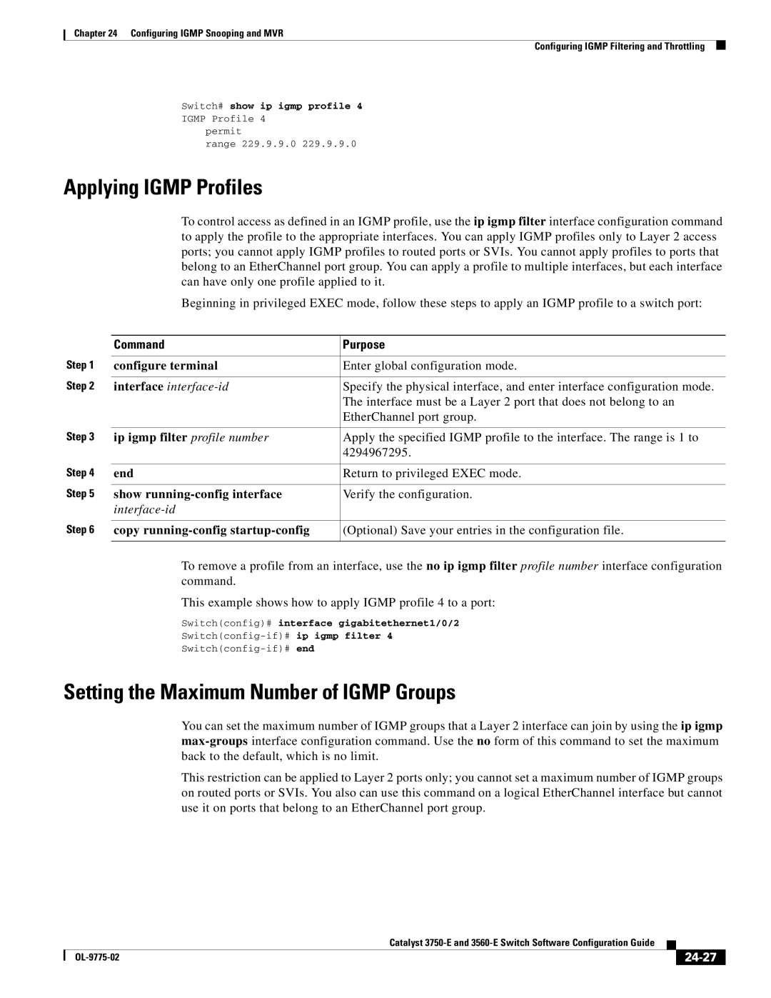 Cisco Systems 3750E manual Applying Igmp Profiles, Setting the Maximum Number of Igmp Groups, Ip igmp filter profile number 