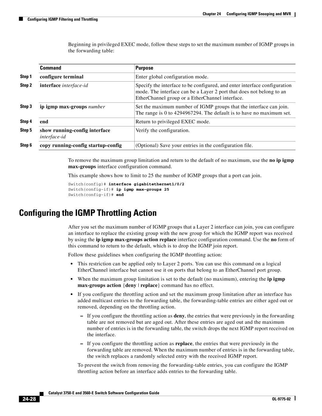 Cisco Systems 3750E Configuring the Igmp Throttling Action, EtherChannel group or a EtherChannel interface, Interface-id 