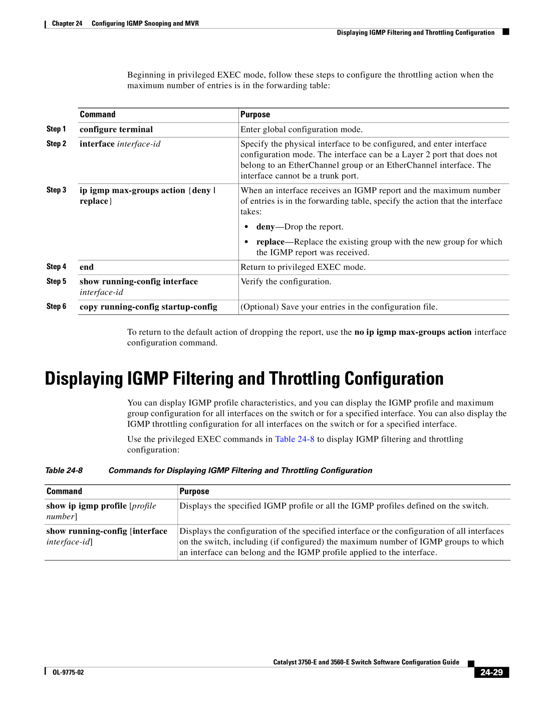 Cisco Systems 3750E Displaying Igmp Filtering and Throttling Configuration, Ip igmp max-groups action deny, Replace, 24-29 