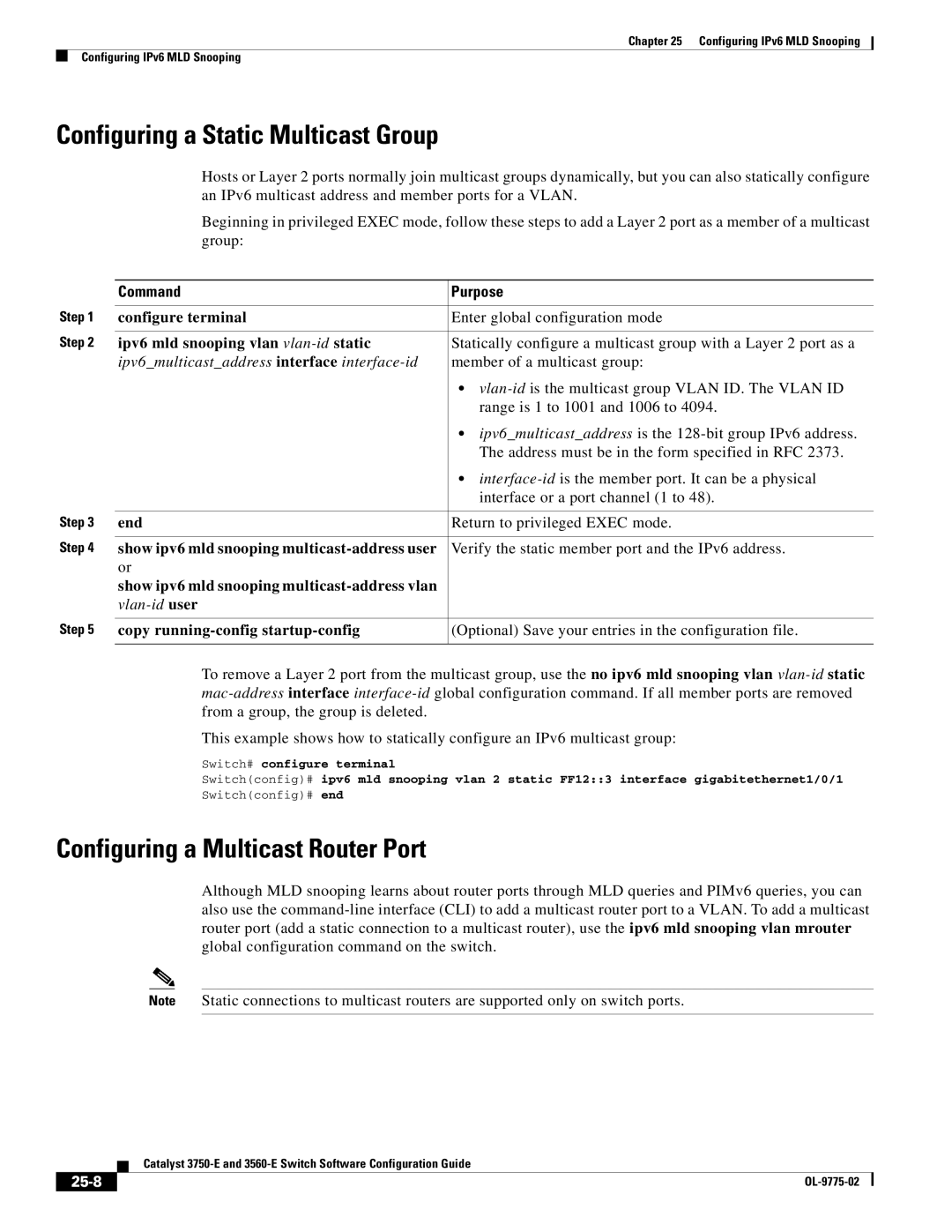 Cisco Systems 3750E manual Configuring a Static Multicast Group, Ipv6 mld snooping vlan vlan-id static, 25-8 