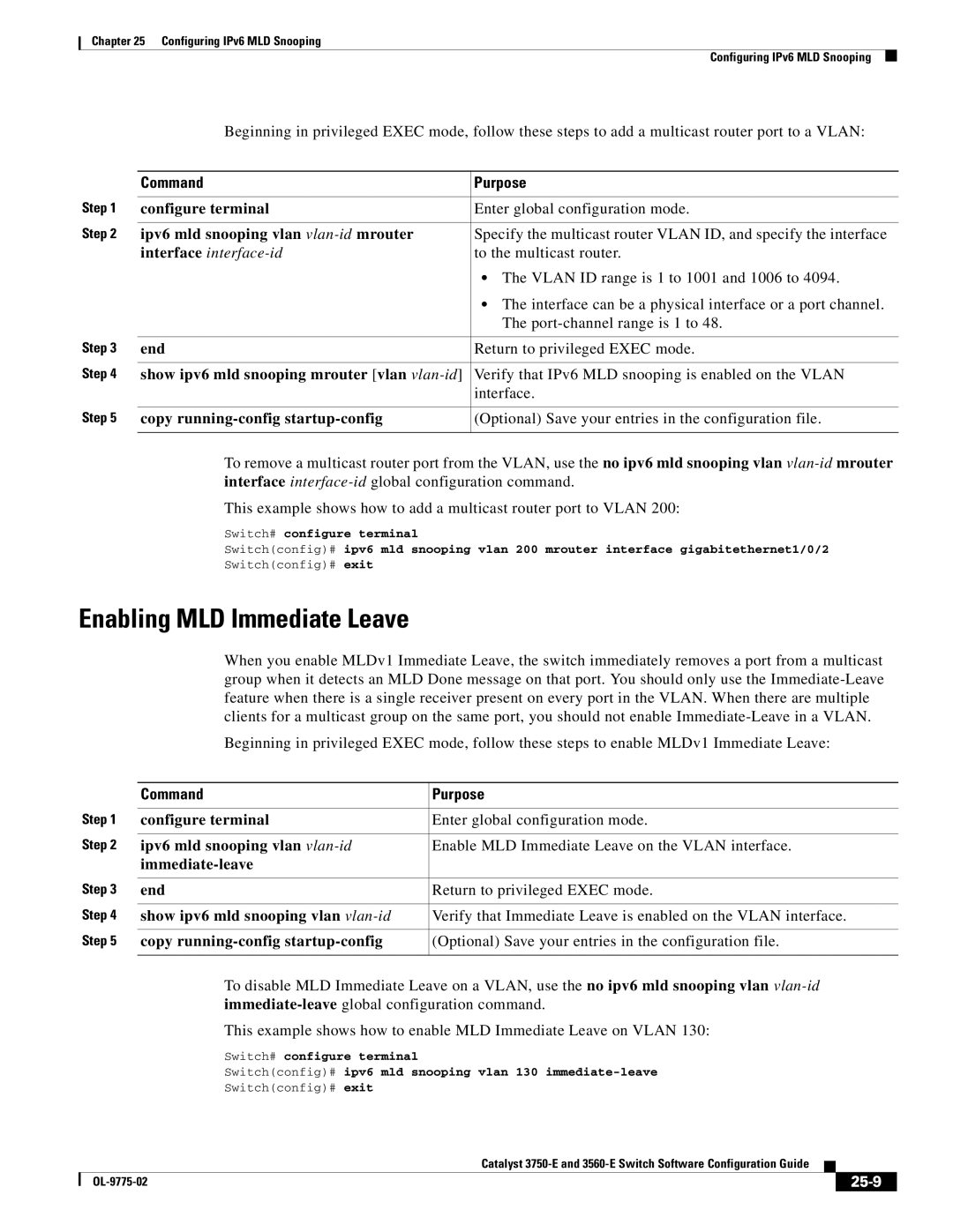 Cisco Systems 3750E manual Enabling MLD Immediate Leave, Ipv6 mld snooping vlan vlan-id mrouter, 25-9 