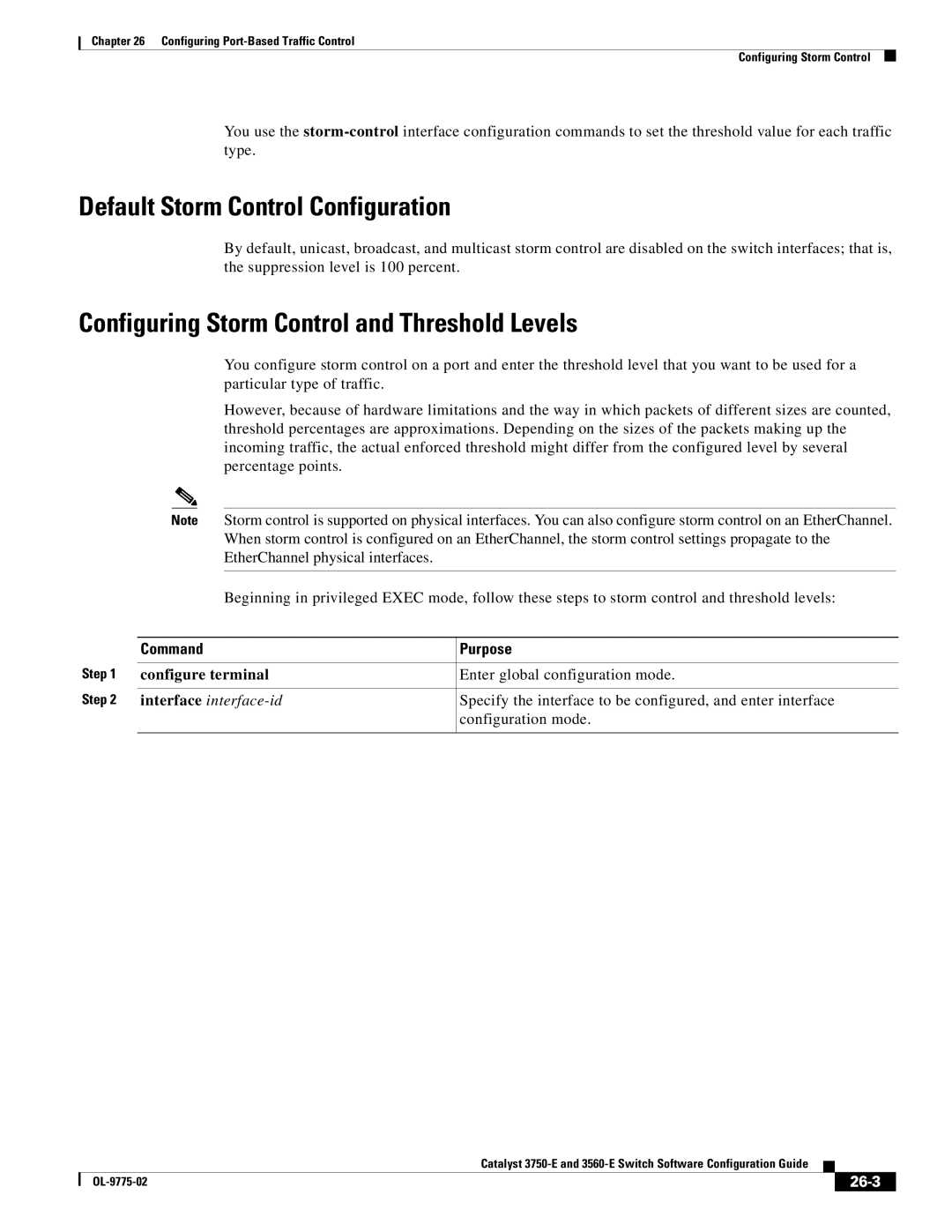 Cisco Systems 3750E manual Default Storm Control Configuration, Configuring Storm Control and Threshold Levels, 26-3 