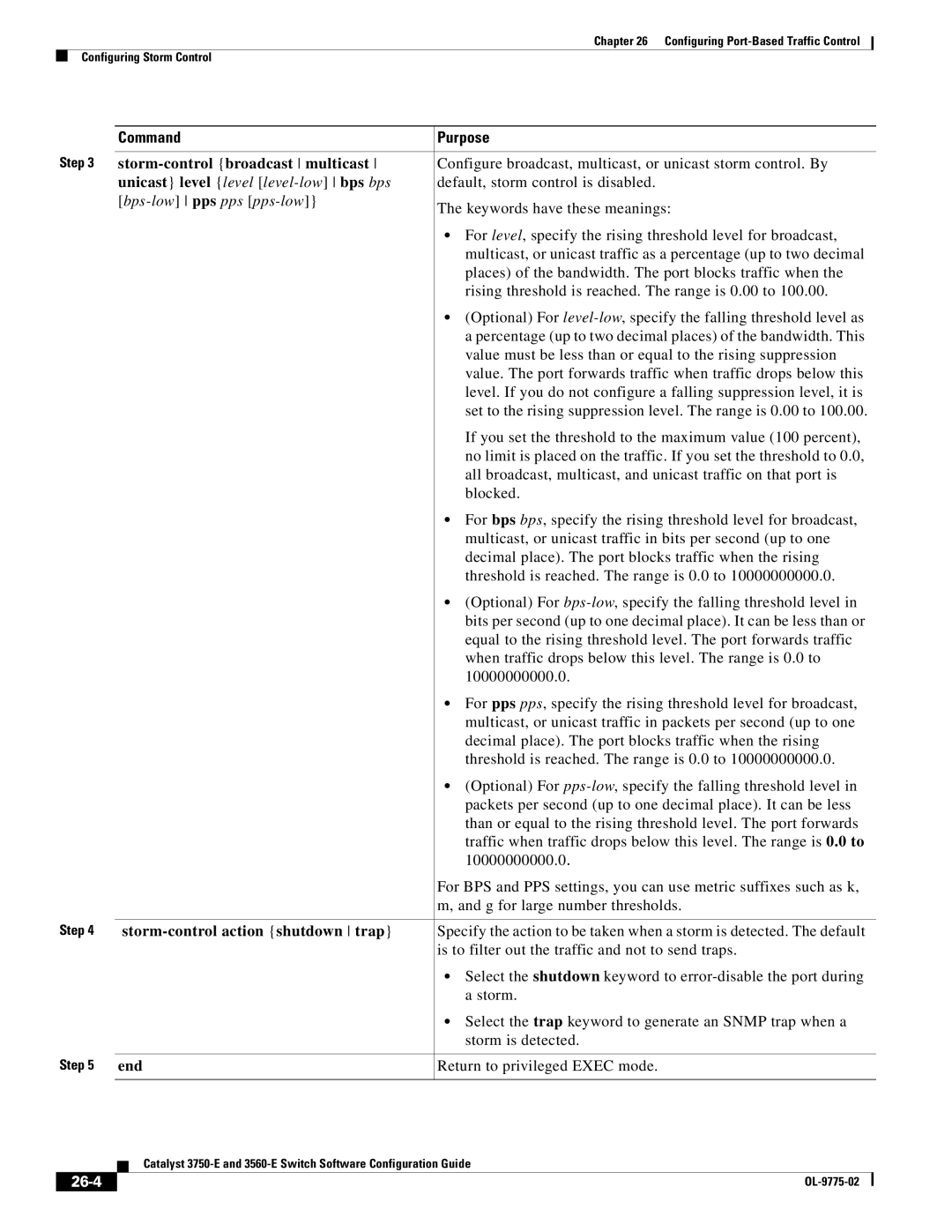 Cisco Systems 3750E Storm-control broadcast multicast, Unicast level level level-low bps bps, Bps-low pps pps pps-low 