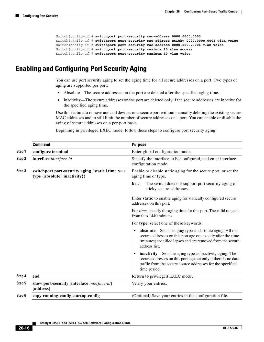 Cisco Systems 3750E manual Enabling and Configuring Port Security Aging, 26-16 