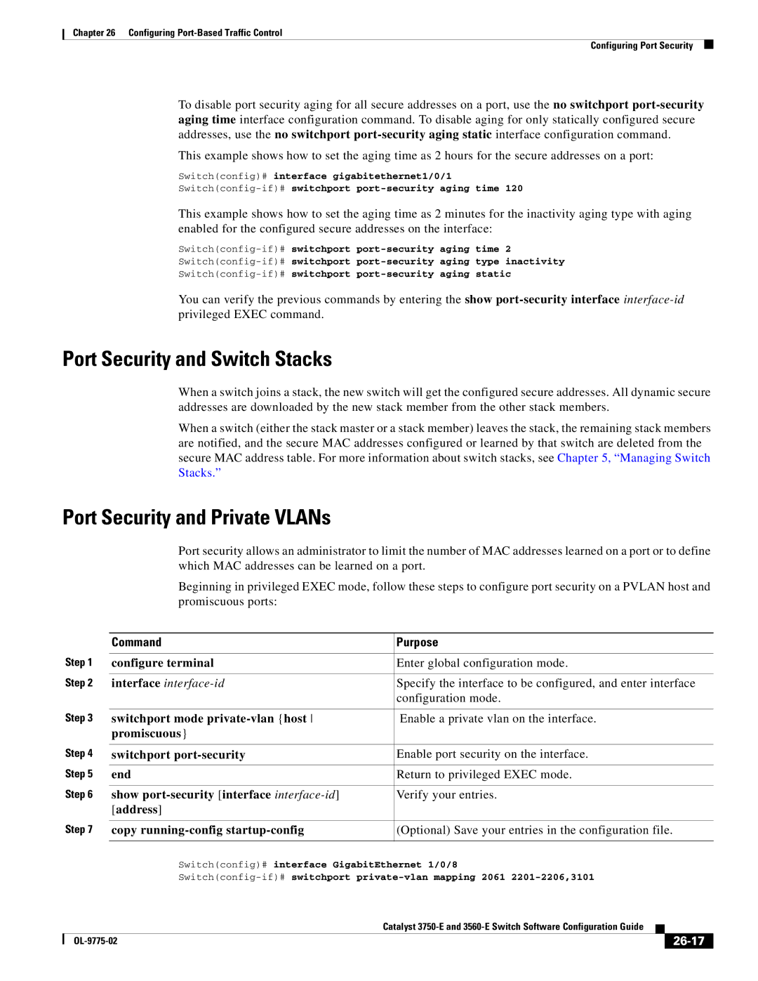 Cisco Systems 3750E manual Port Security and Switch Stacks, Port Security and Private VLANs, 26-17 