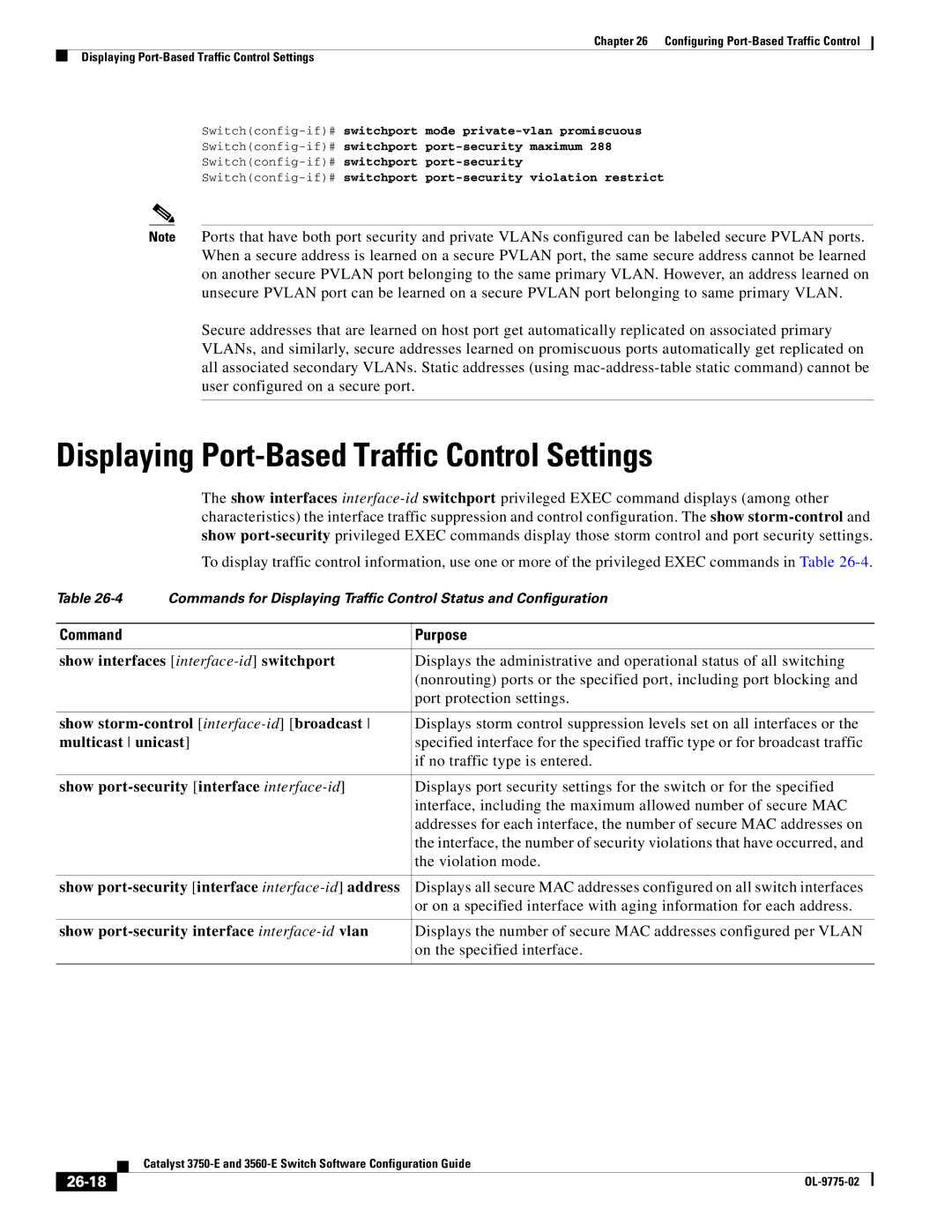 Cisco Systems 3750E manual Displaying Port-Based Traffic Control Settings, Show port-security interface interface-idaddress 