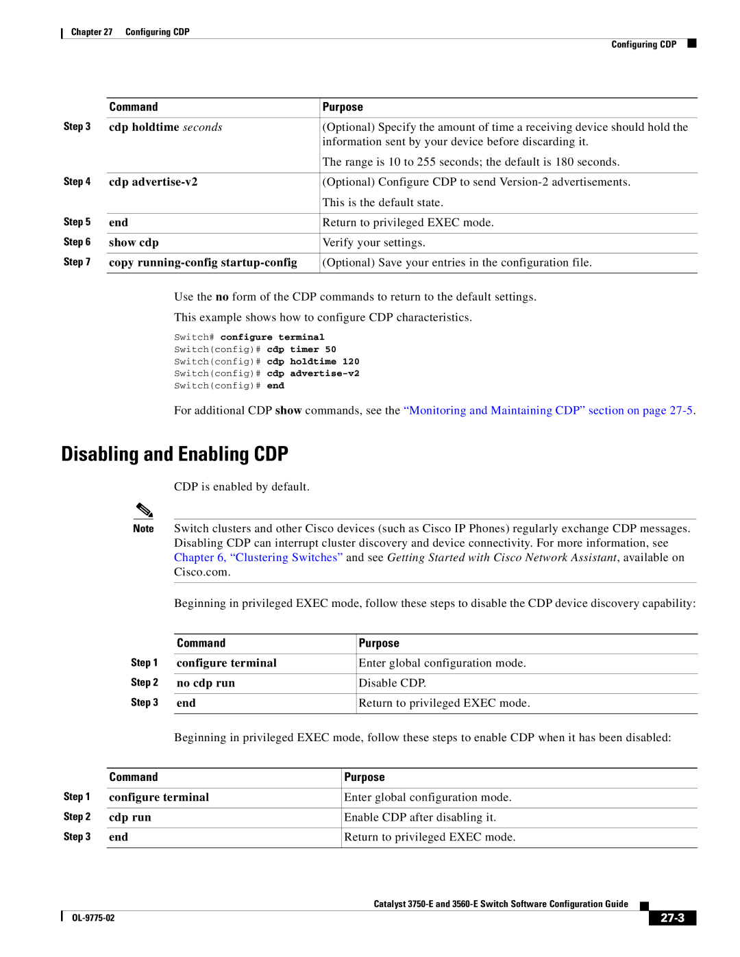 Cisco Systems 3750E manual Disabling and Enabling CDP, Cdp holdtime seconds, Cdp advertise-v2, Show cdp, 27-3 