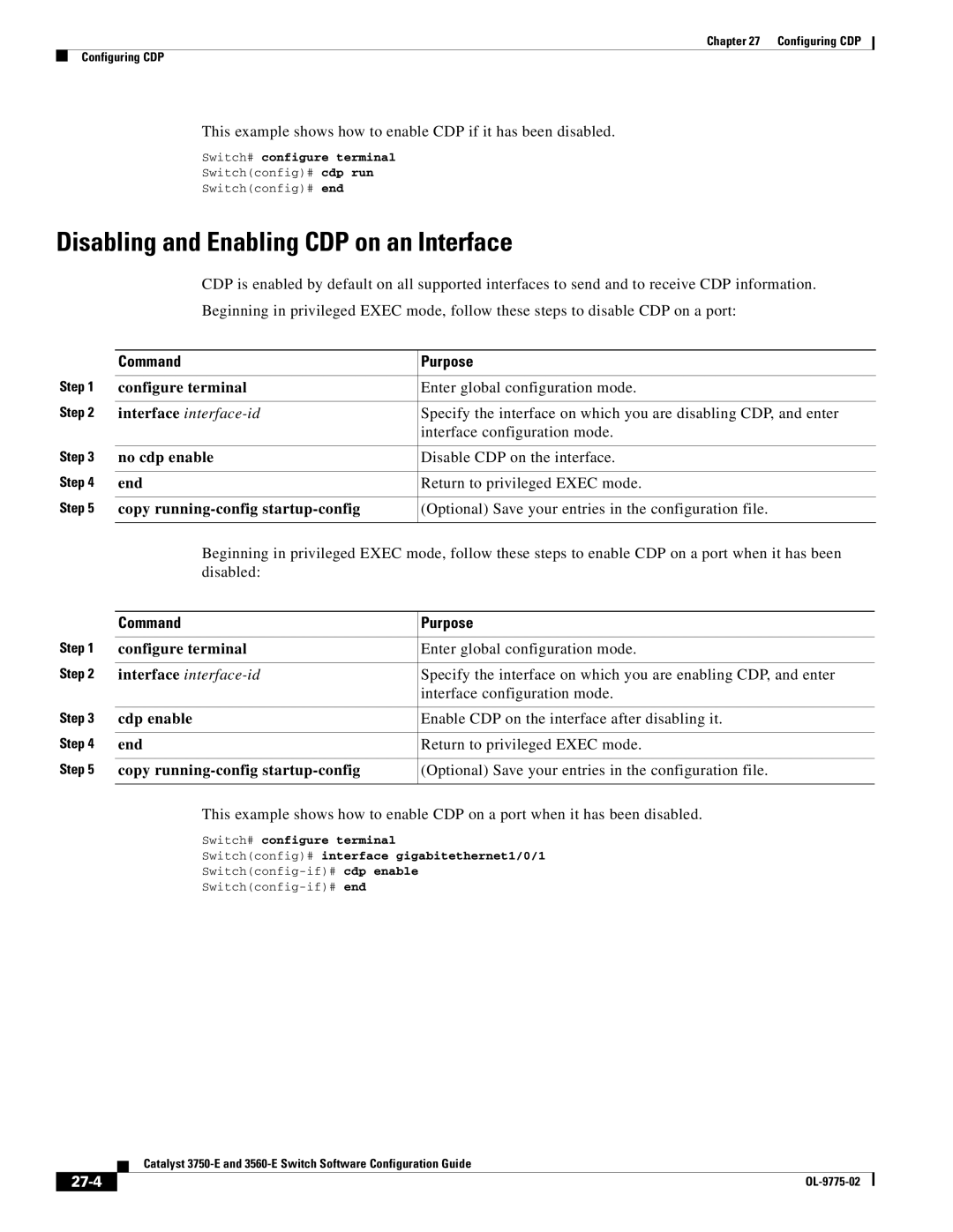 Cisco Systems 3750E manual Disabling and Enabling CDP on an Interface, No cdp enable Disable CDP on the interface, 27-4 