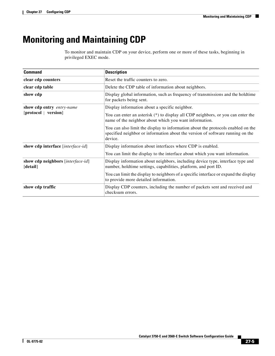 Cisco Systems 3750E manual Monitoring and Maintaining CDP, 27-5 