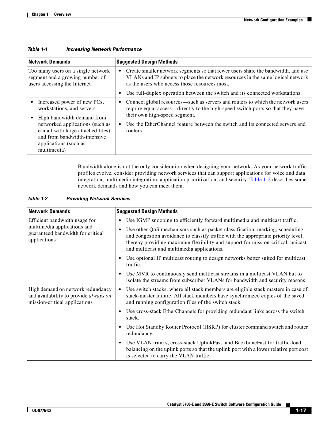 Cisco Systems 3750E manual Network Demands Suggested Design Methods 