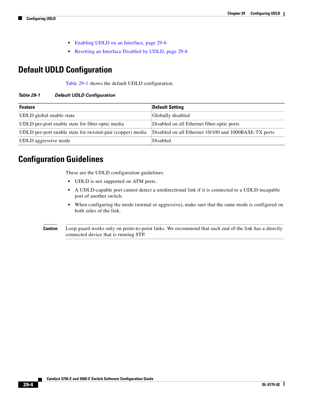 Cisco Systems 3750E manual Default Udld Configuration, 29-4 