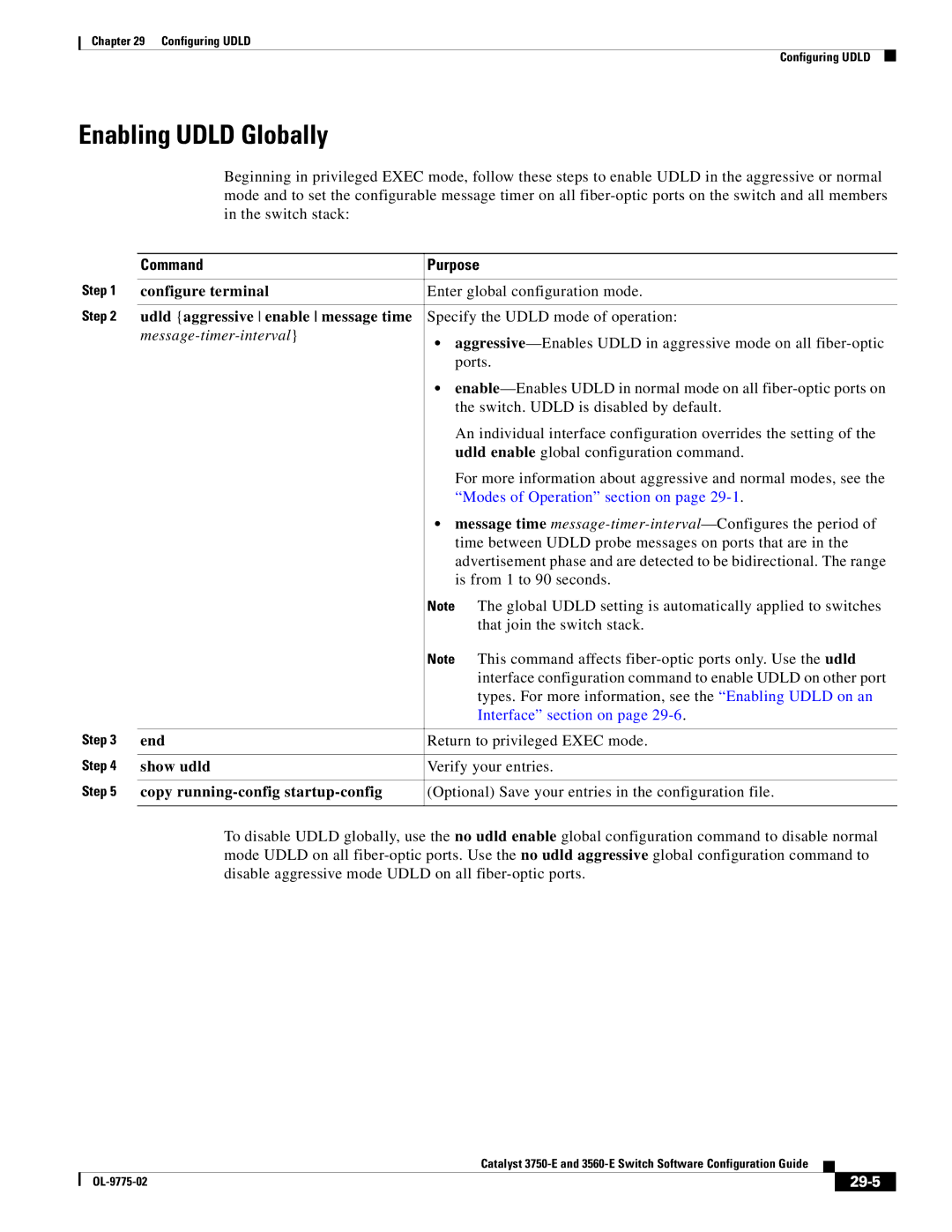 Cisco Systems 3750E Enabling Udld Globally, Udld aggressive enable message time, Message-timer-interval, Show udld, 29-5 