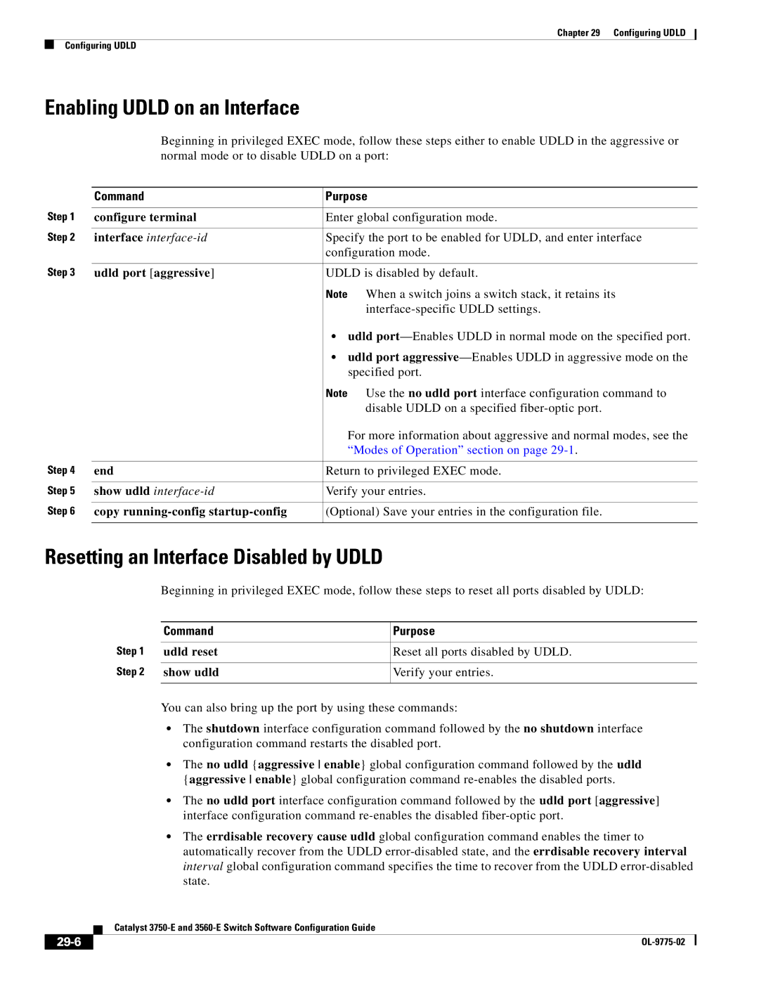 Cisco Systems 3750E Enabling Udld on an Interface, Resetting an Interface Disabled by Udld, Udld port aggressive, 29-6 