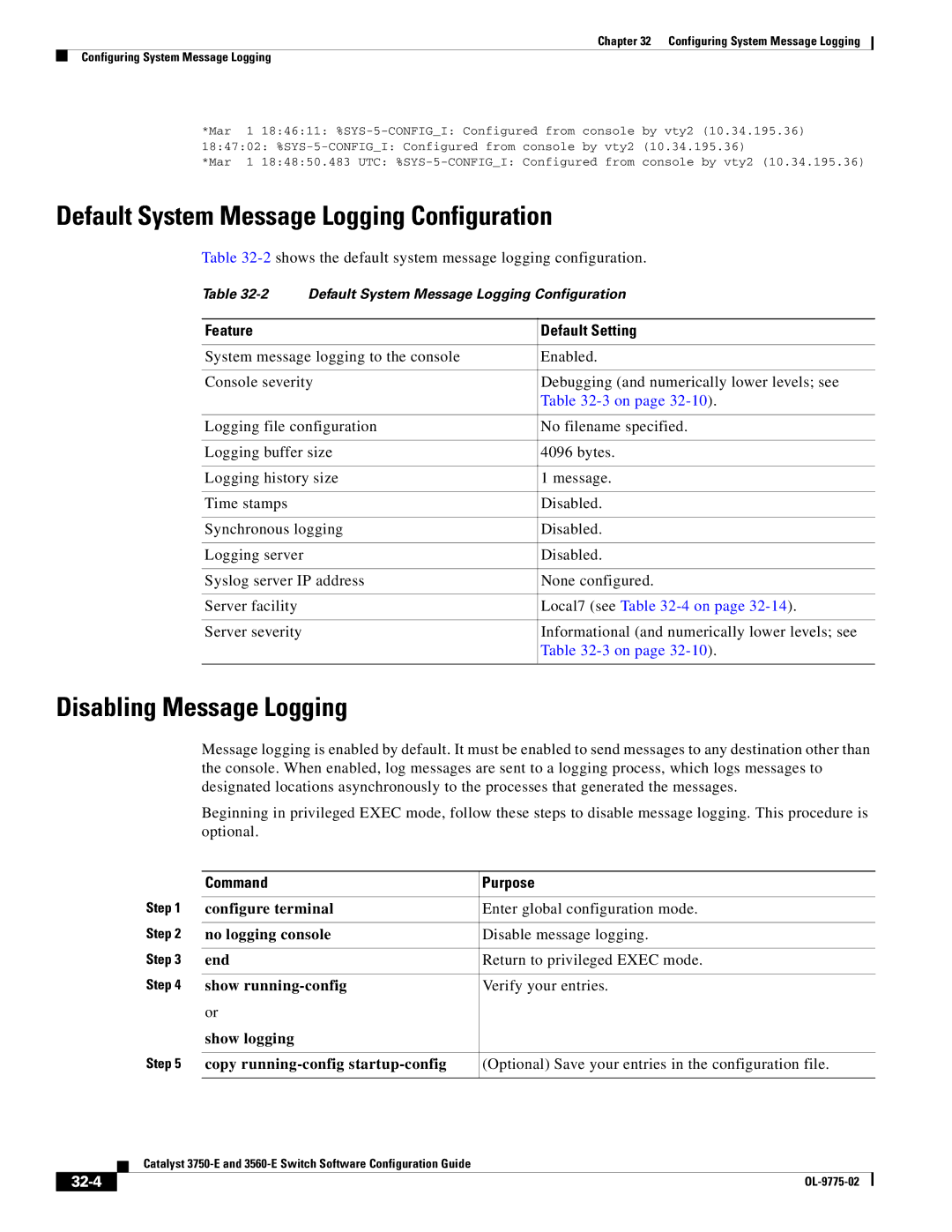 Cisco Systems 3750E manual Default System Message Logging Configuration, Disabling Message Logging, 32-4 