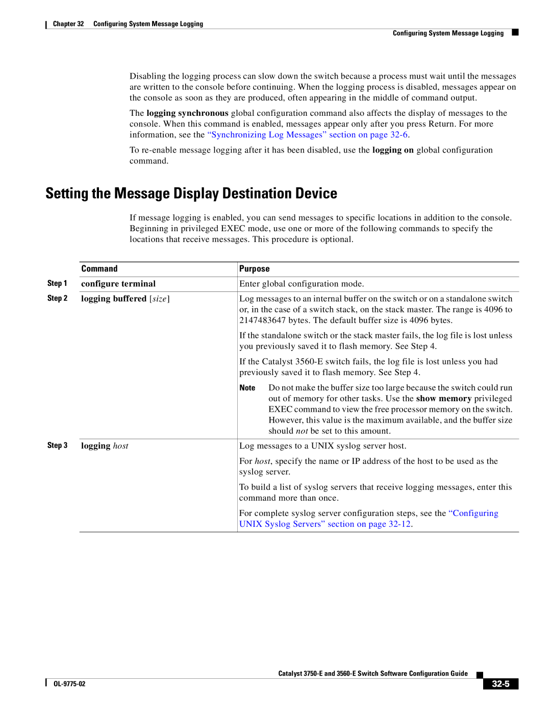 Cisco Systems 3750E manual Setting the Message Display Destination Device, Logging buffered size, Logging host, 32-5 