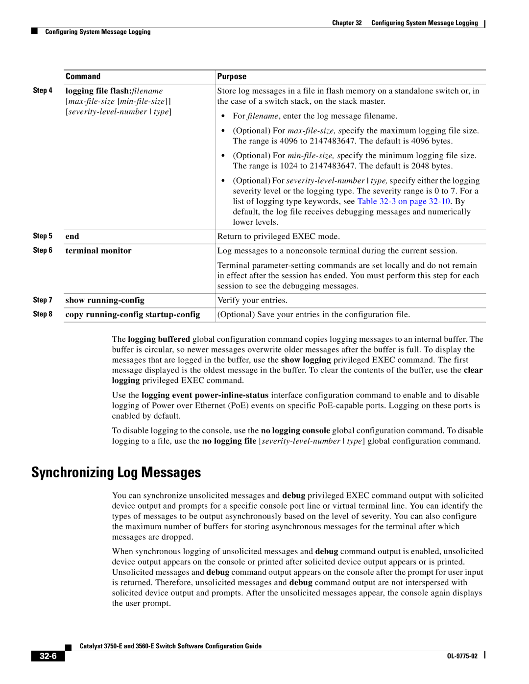 Cisco Systems 3750E manual Synchronizing Log Messages, Logging file flash filename, Terminal monitor, 32-6 