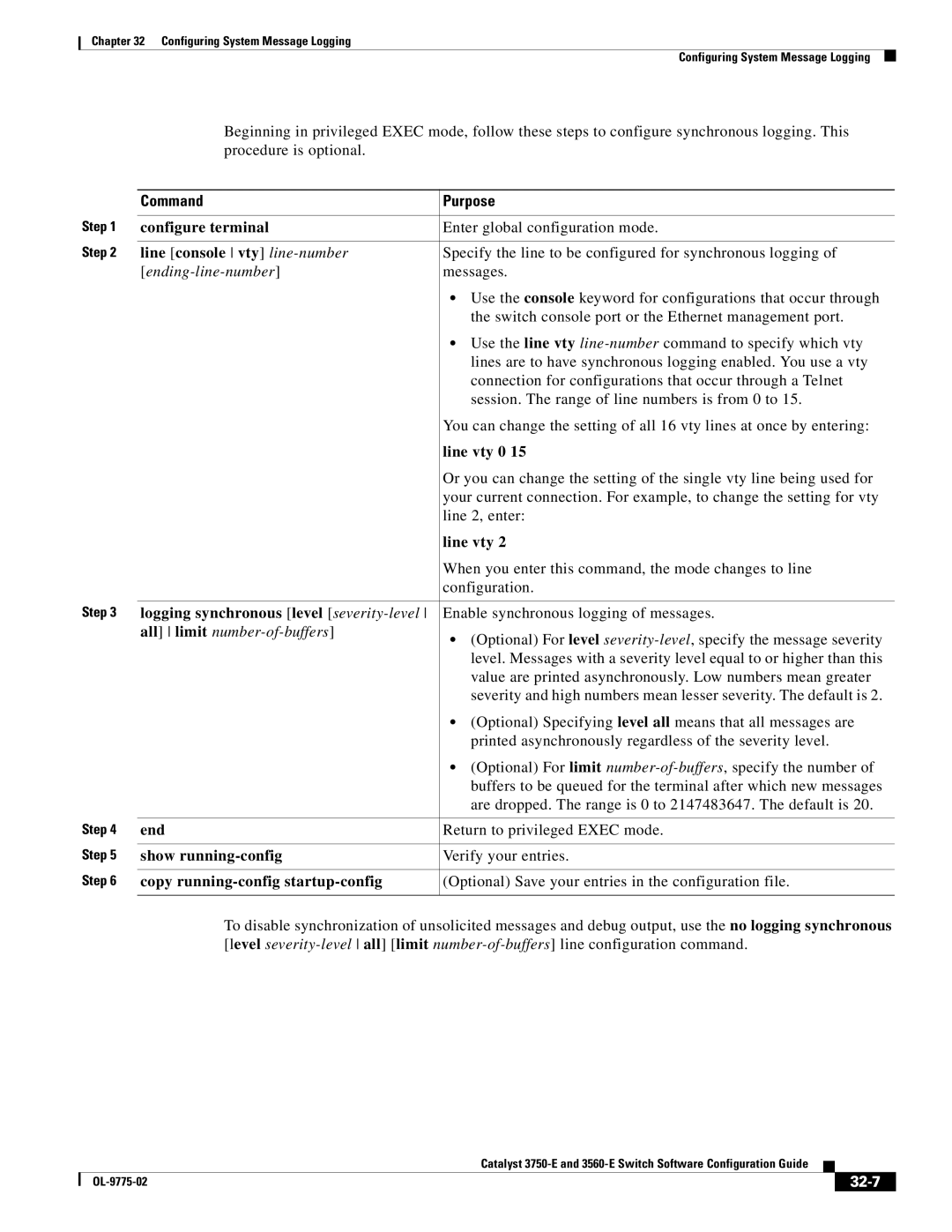 Cisco Systems 3750E manual Line console vty line-number, Line vty, Logging synchronous level severity-level, 32-7 