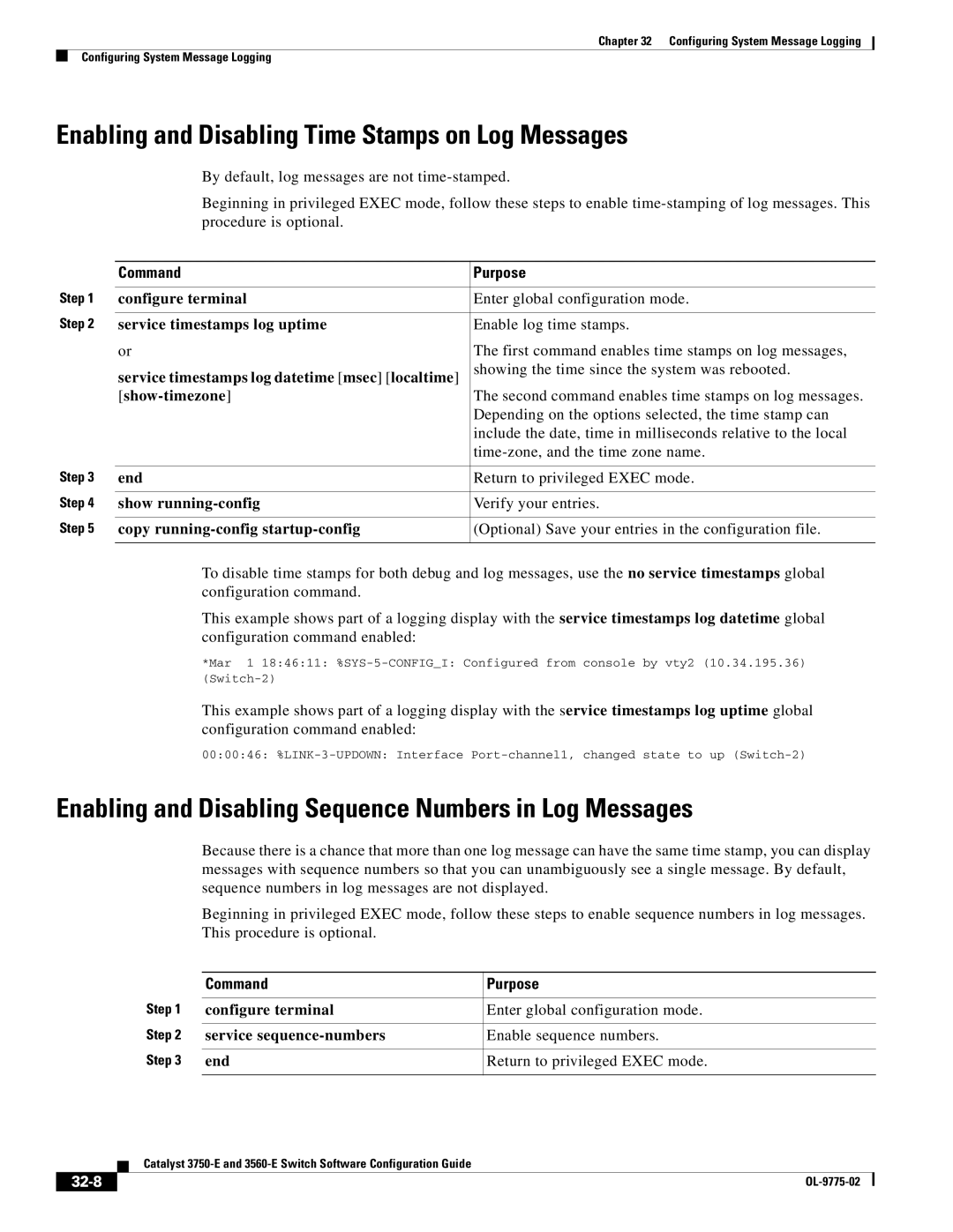 Cisco Systems 3750E manual Enabling and Disabling Time Stamps on Log Messages, 32-8 