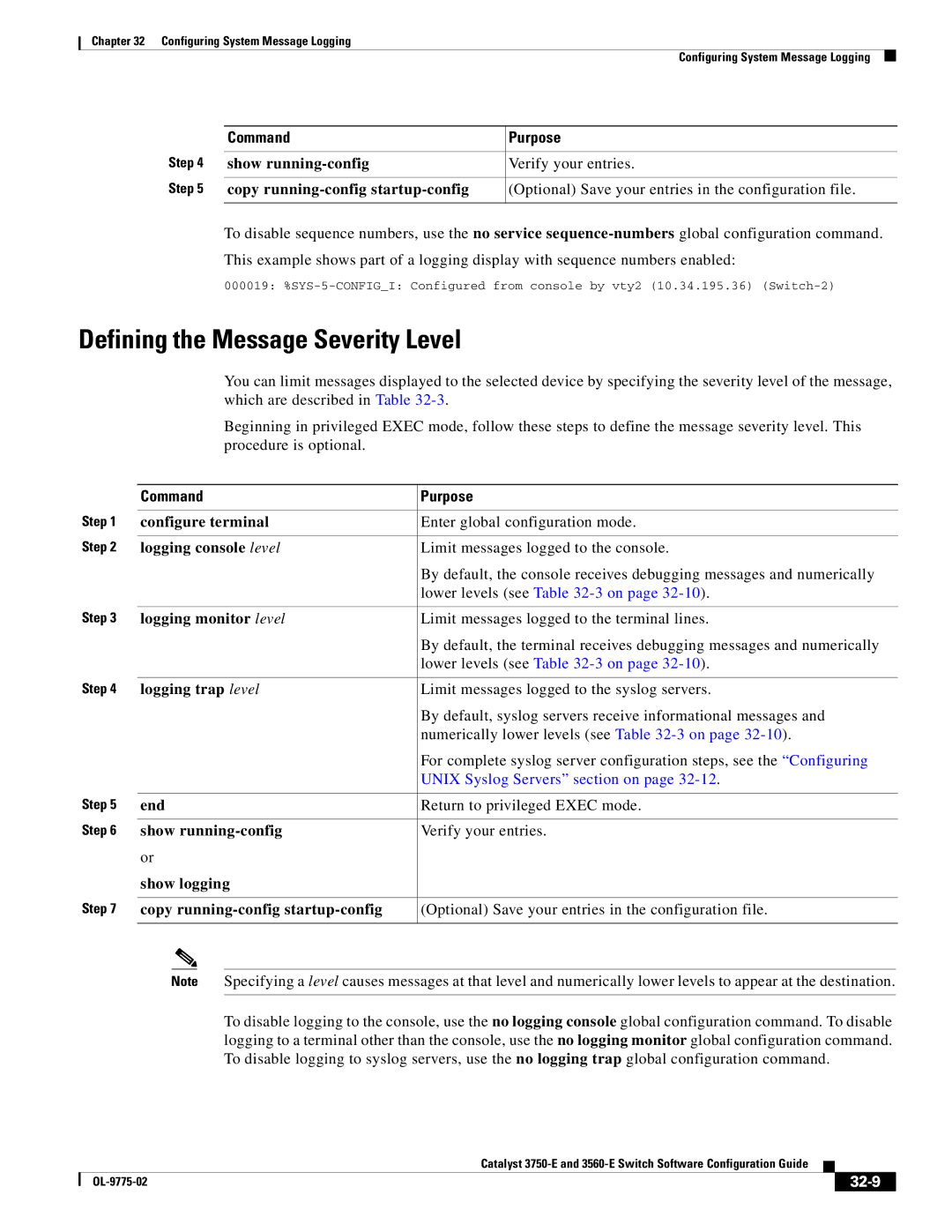 Cisco Systems 3750E Defining the Message Severity Level, Logging console level, Logging monitor level, Logging trap level 