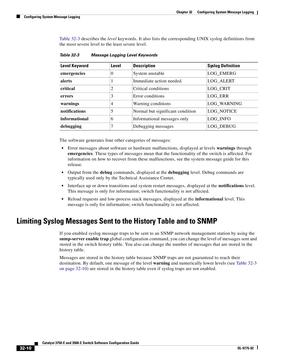 Cisco Systems 3750E manual Level Description Syslog Definition, 32-10 