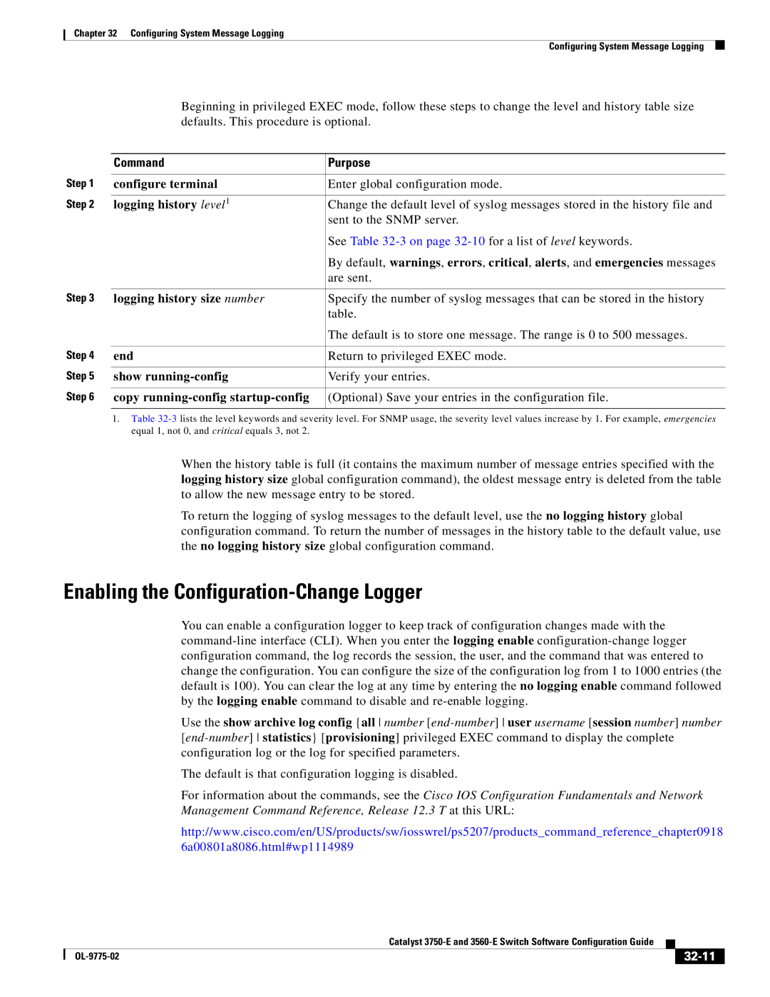 Cisco Systems 3750E Enabling the Configuration-Change Logger, Logging history level, Logging history size number, 32-11 