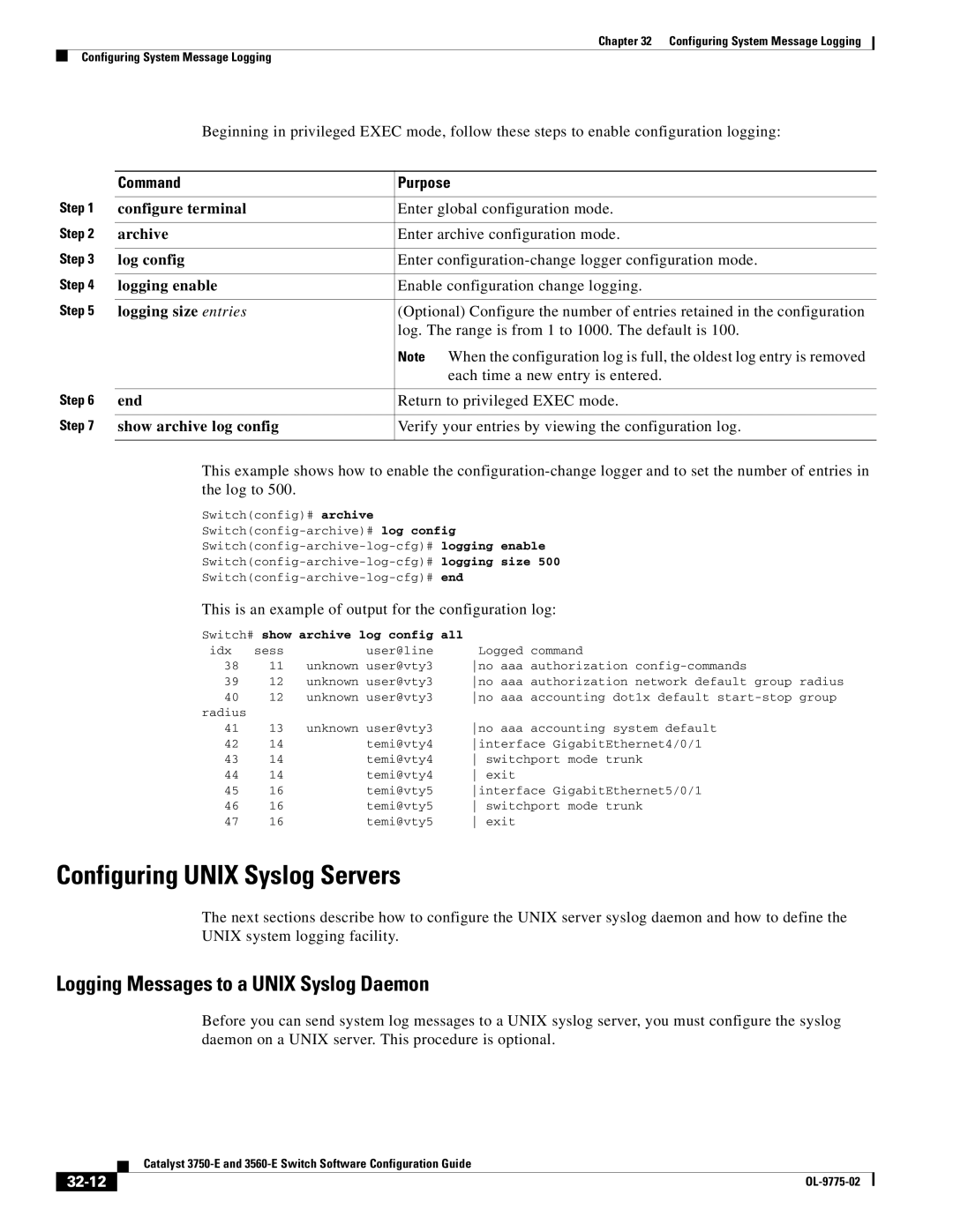 Cisco Systems 3750E manual Configuring Unix Syslog Servers, Logging Messages to a Unix Syslog Daemon, 32-12 