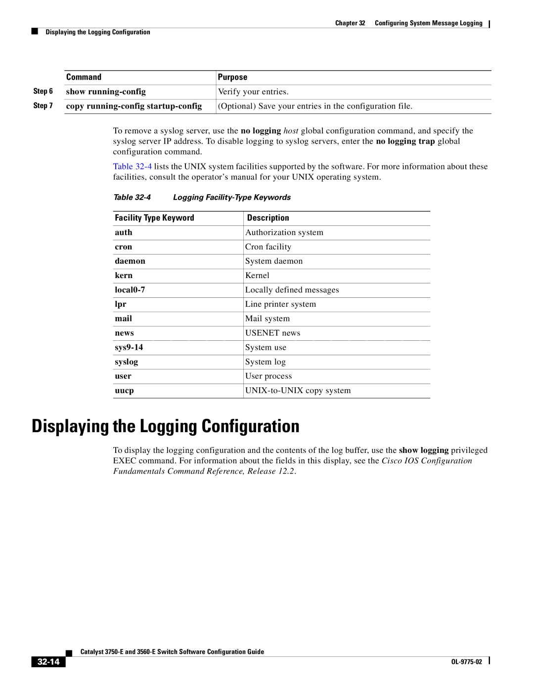 Cisco Systems 3750E manual Displaying the Logging Configuration, Facility Type Keyword Description, 32-14 