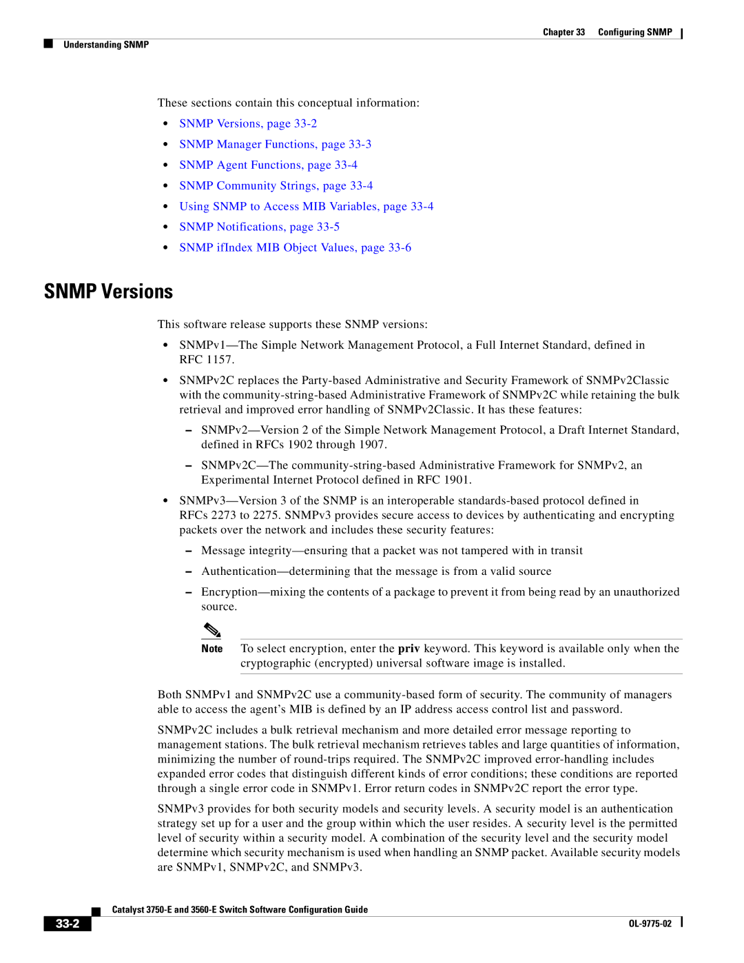 Cisco Systems 3750E manual Snmp Versions, 33-2 