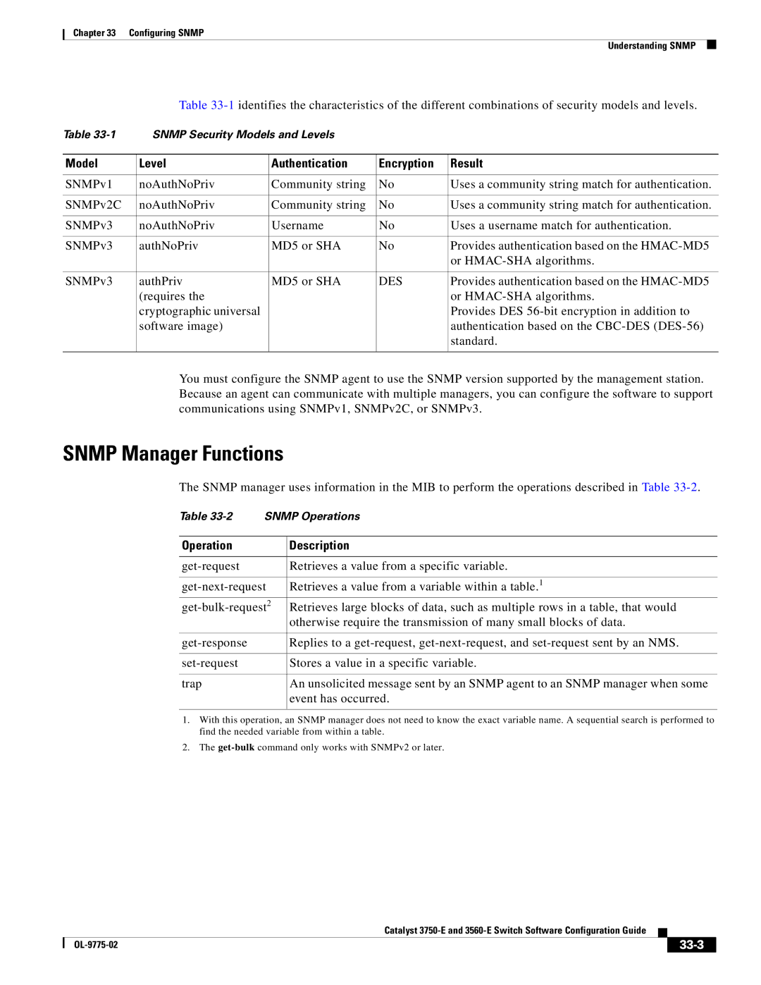 Cisco Systems 3750E Snmp Manager Functions, Model Level Authentication Encryption Result, Operation Description, 33-3 