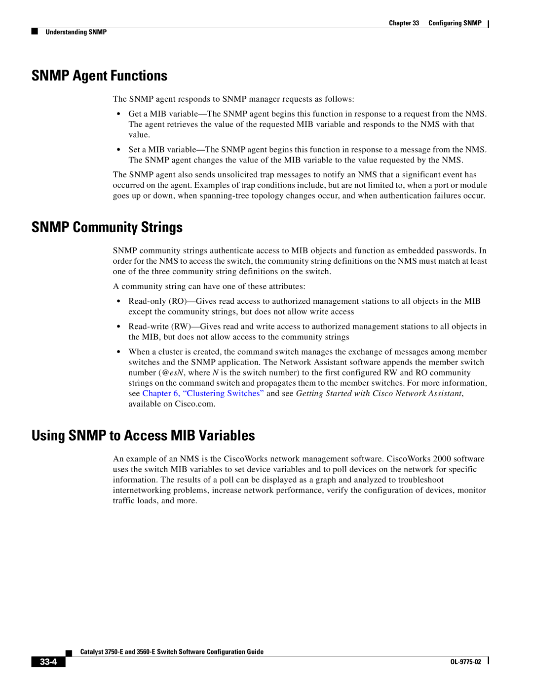 Cisco Systems 3750E manual Snmp Agent Functions, Using Snmp to Access MIB Variables, 33-4 