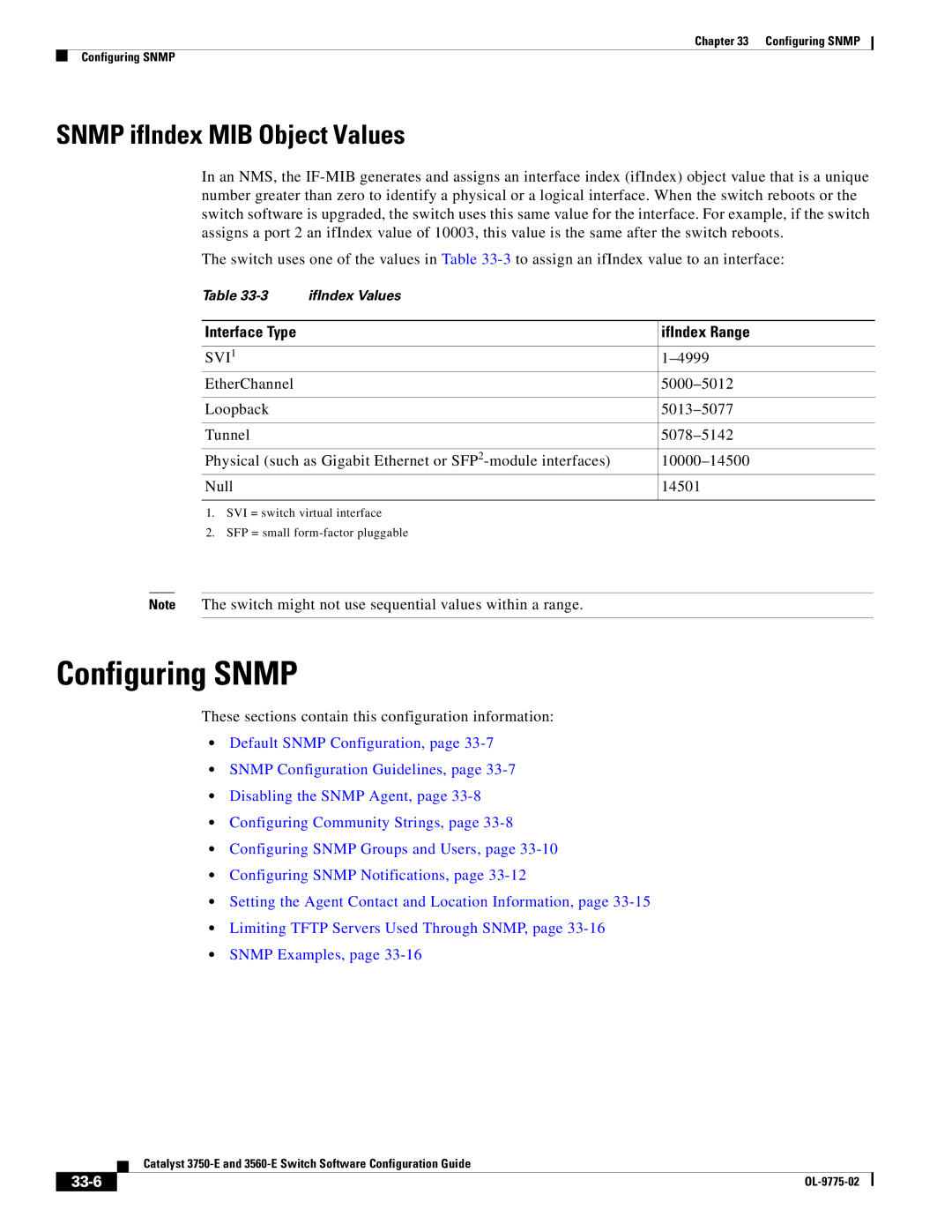 Cisco Systems 3750E manual Configuring Snmp, Snmp ifIndex MIB Object Values, IfIndex Range, Svi, 33-6 