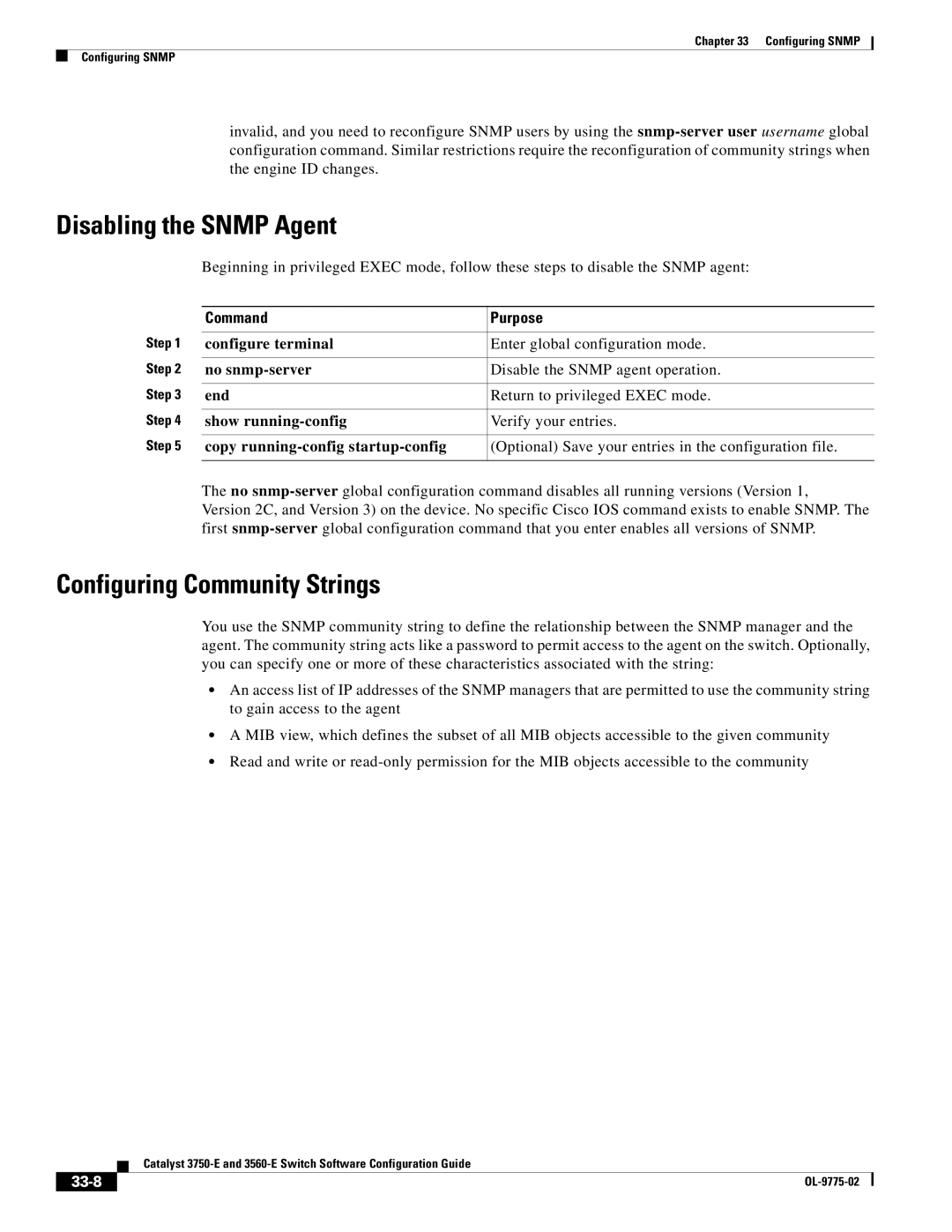 Cisco Systems 3750E manual Disabling the Snmp Agent, Configuring Community Strings, 33-8 