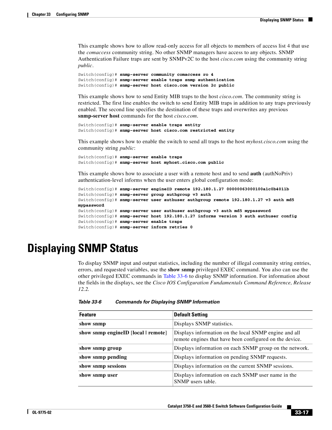 Cisco Systems 3750E manual Displaying Snmp Status, 33-17 