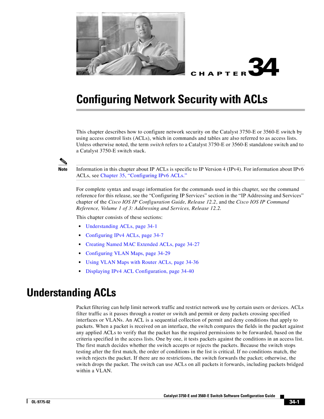 Cisco Systems 3750E manual Configuring Network Security with ACLs, Understanding ACLs, 34-1 