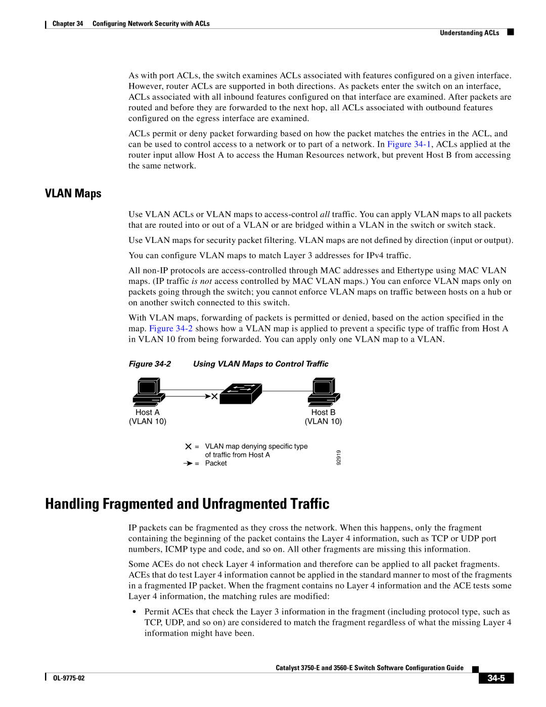 Cisco Systems 3750E manual Handling Fragmented and Unfragmented Traffic, Vlan Maps, 34-5 